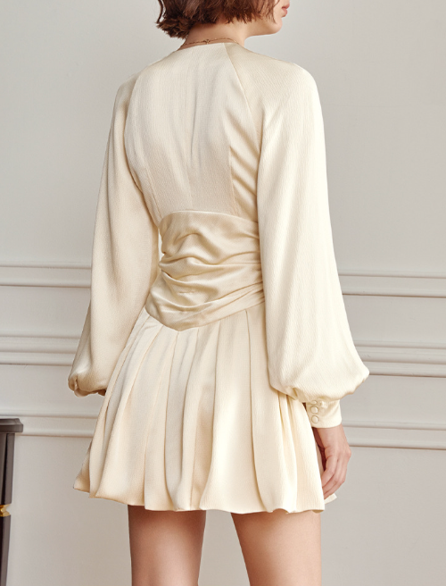 V-neck ruched mini dress with balloon sleeves - Nuljy