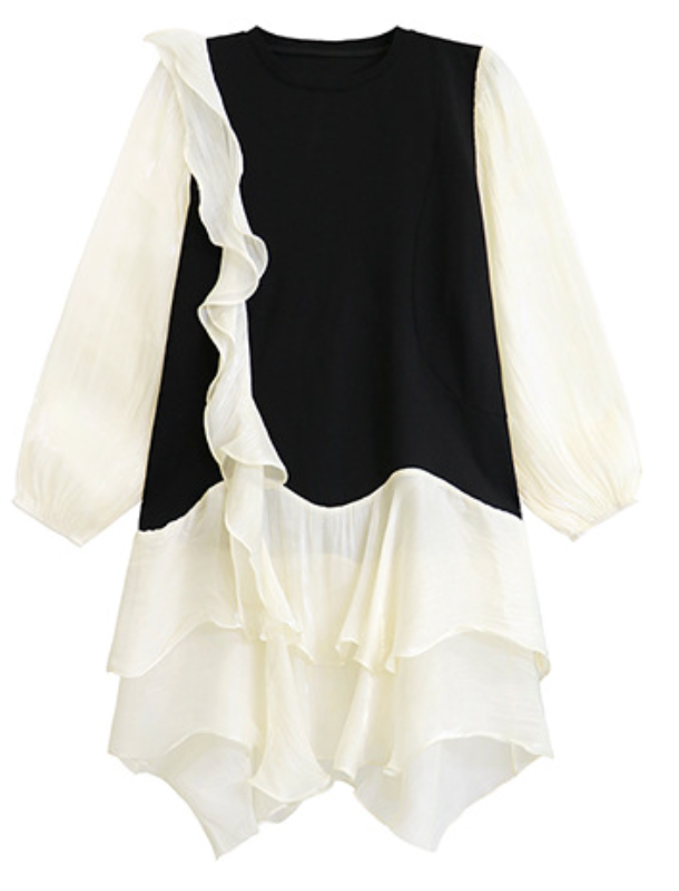 Ruffled asymmetrical dress with contrast sleeves - Nilku