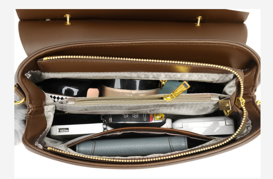 Structured handbag with gold hardware and pompom accent - Lilsy