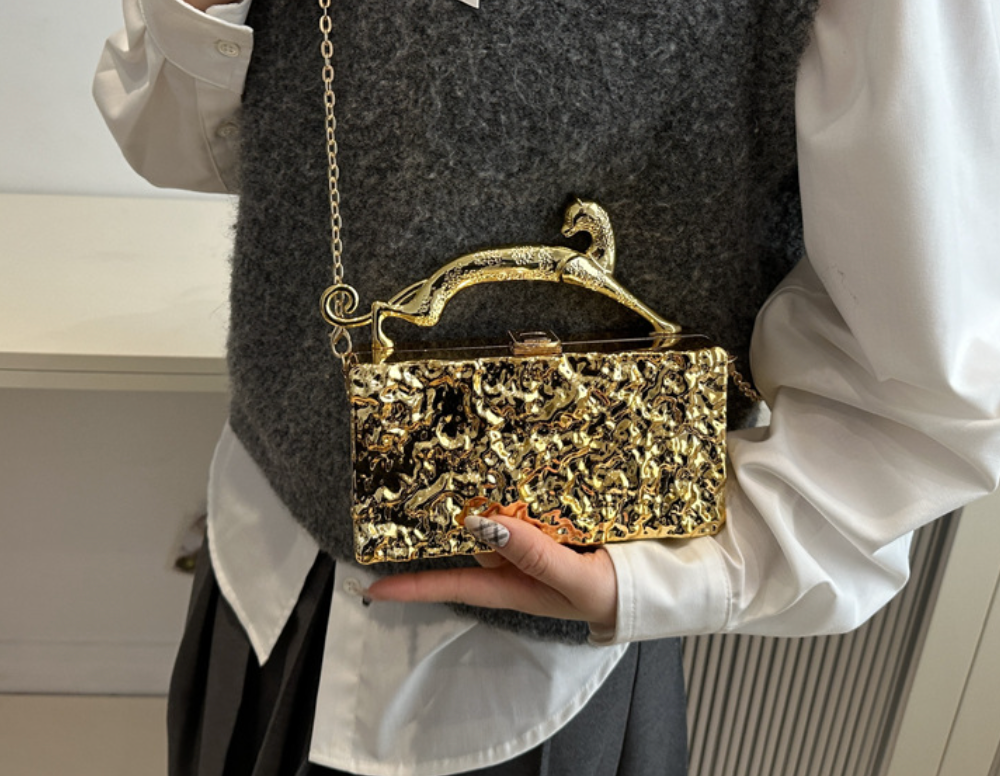 Metallic clutch bag with cat-shaped handle - Linmu