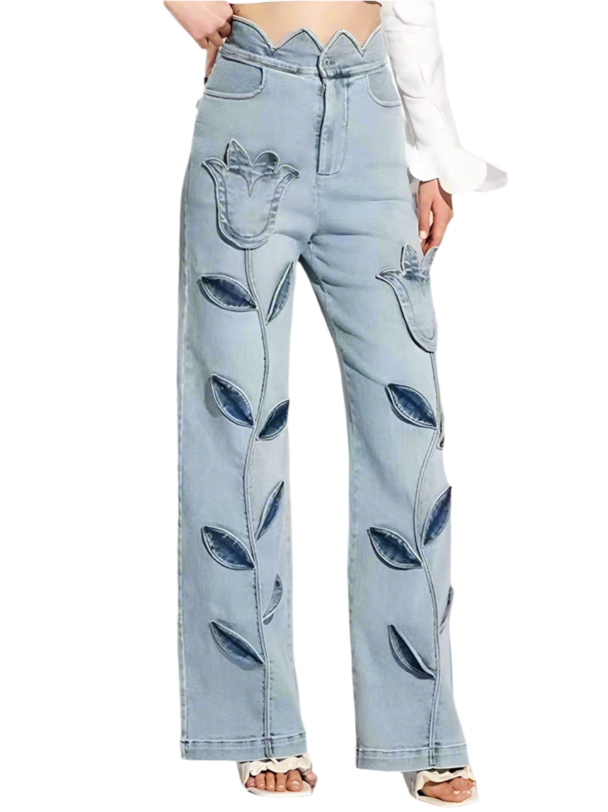 High-waisted denim pants with floral embroidery - Fusni