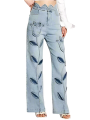 High-waisted denim pants with floral embroidery - Fusni