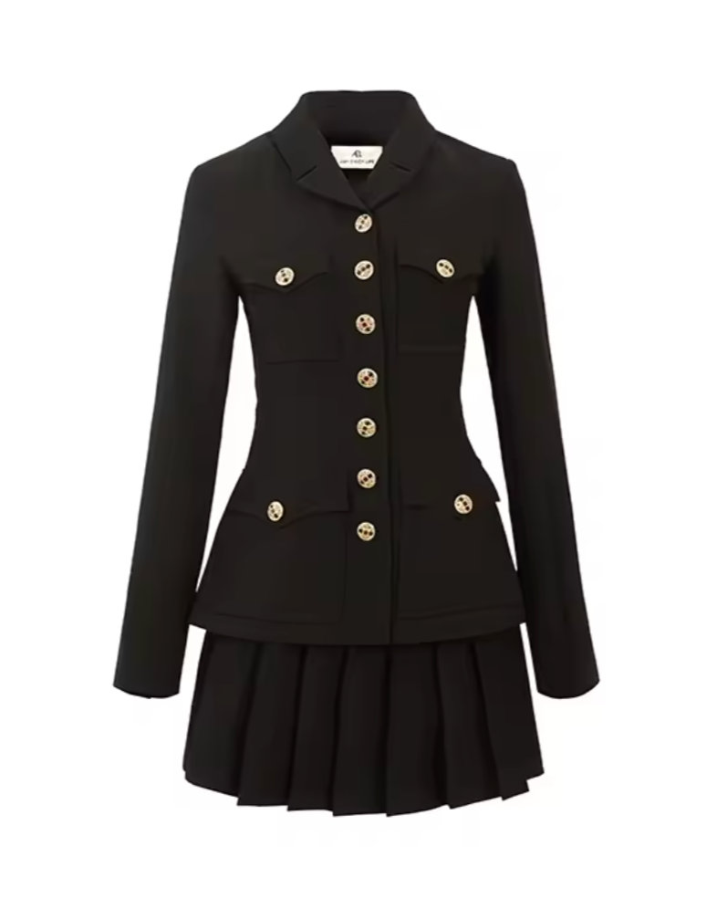 Tailored pleated skirt suit with buttoned blazer - Singi