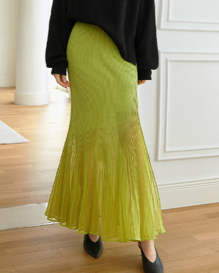 Ribbed knit mermaid skirt with pleated sheer hem - Zinma