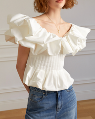 Off-shoulder pleated blouse with ruffle neckline – Argu