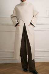 Asymmetric high-neck long coat with pocket detail – Dukaty
