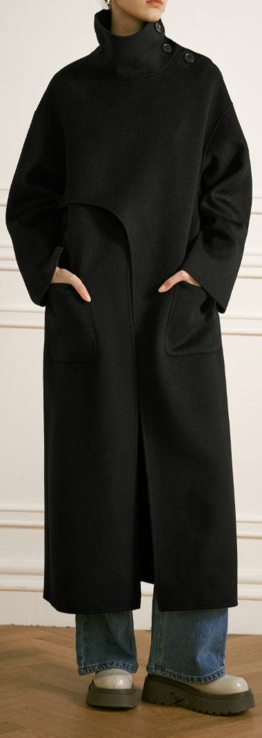 Asymmetric high-neck long coat with pocket detail – Dukaty