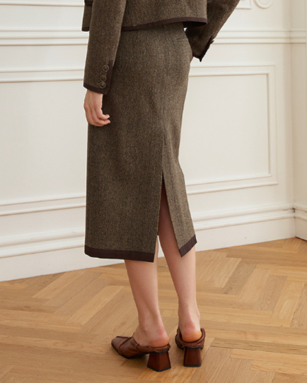 High-waisted herringbone pencil skirt with satin trim - Milta