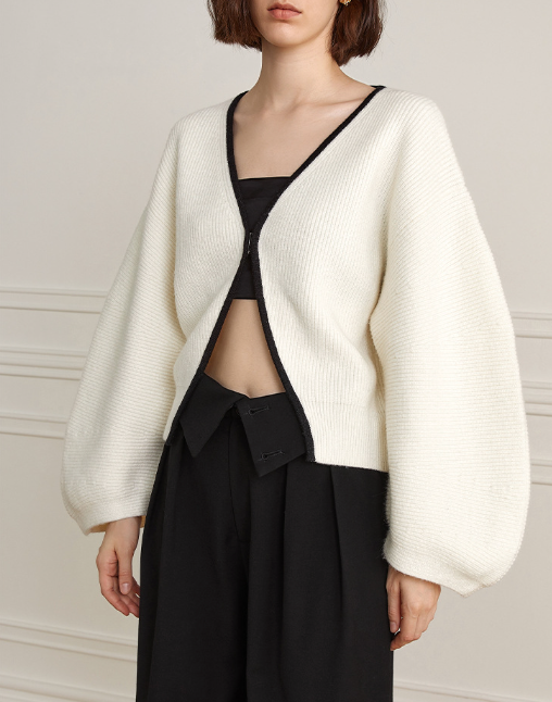 Zip-up knit jacket with balloon sleeves - Erwibu