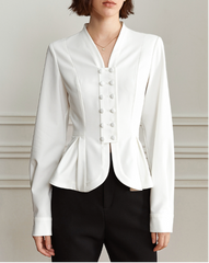Long-sleeve satin blouse with double-breasted front – Elju