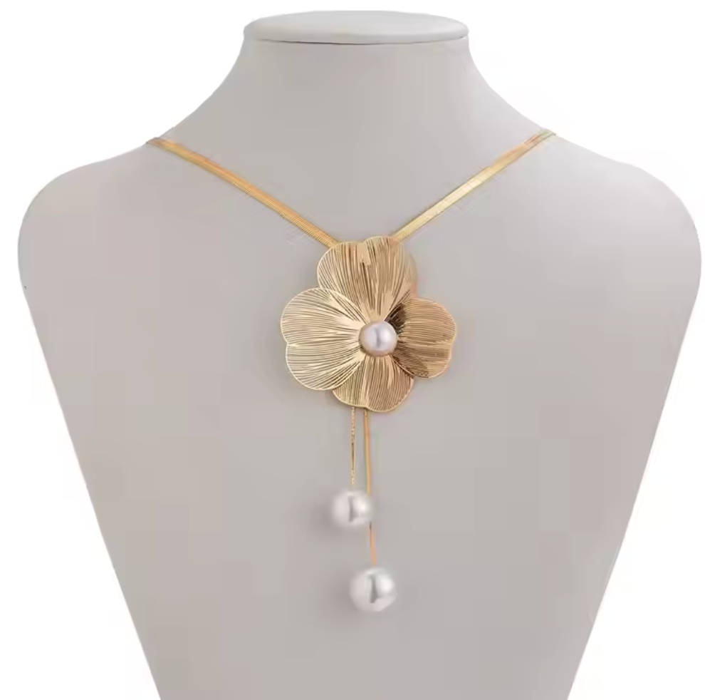 Flower petal necklace with dangling pearl accents and earrings - Furwi