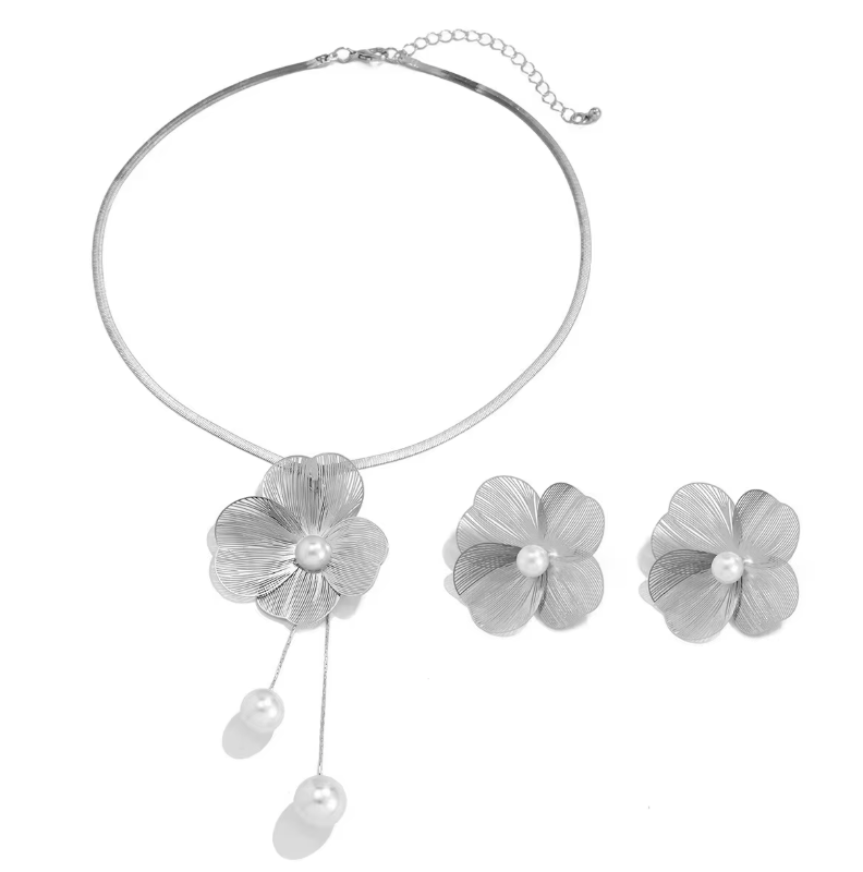Flower petal necklace with dangling pearl accents and earrings - Furwi