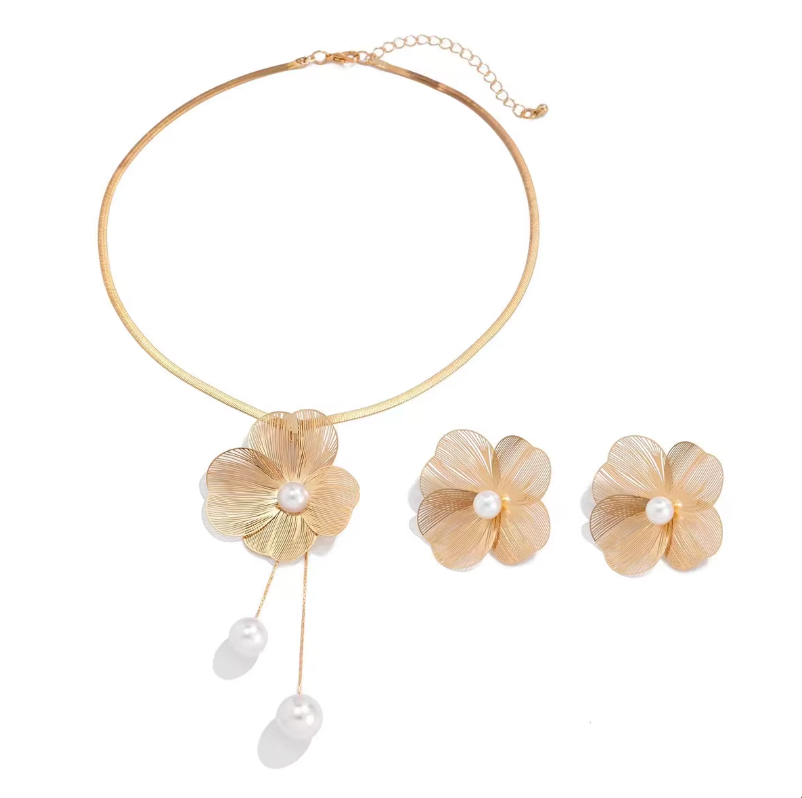 Flower petal necklace with dangling pearl accents and earrings - Furwi