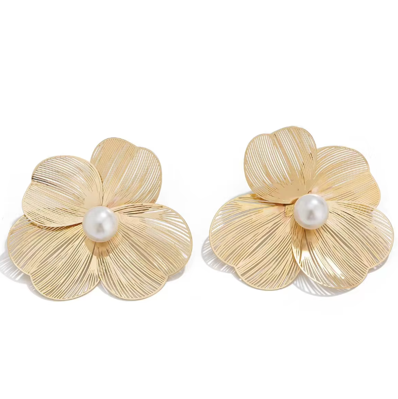 Flower petal necklace with dangling pearl accents and earrings - Furwi
