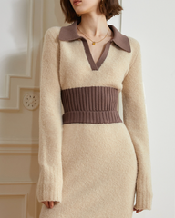 Ribbed waist knit dress with contrast collar - Lunra
