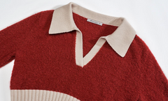 Ribbed waist knit dress with contrast collar - Lunra