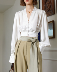 Long sleeve satin blouse with covered buttons - Nirnu