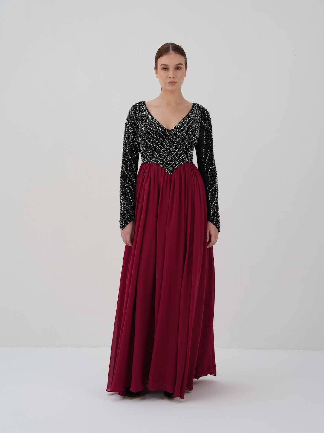 Long sleeve beaded dress with V neckline - GISELLE