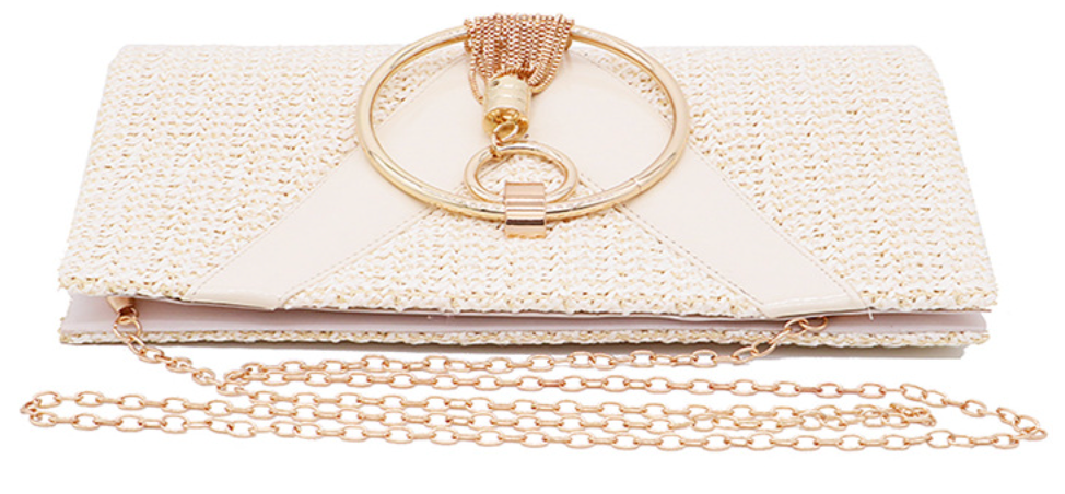 Woven handbag with gold ring handle and tassel detail - Bopi