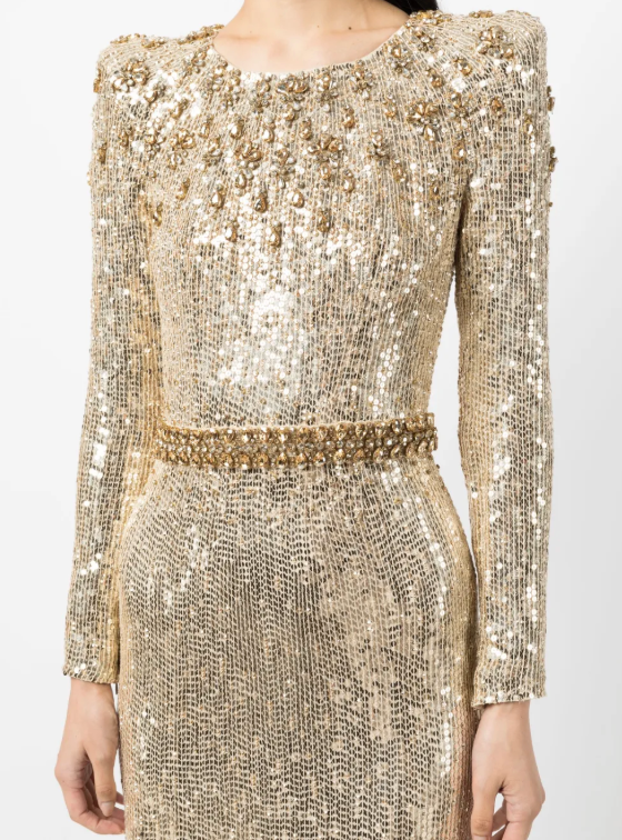 Long sleeve column dress with sequined embellishments - Jinwy