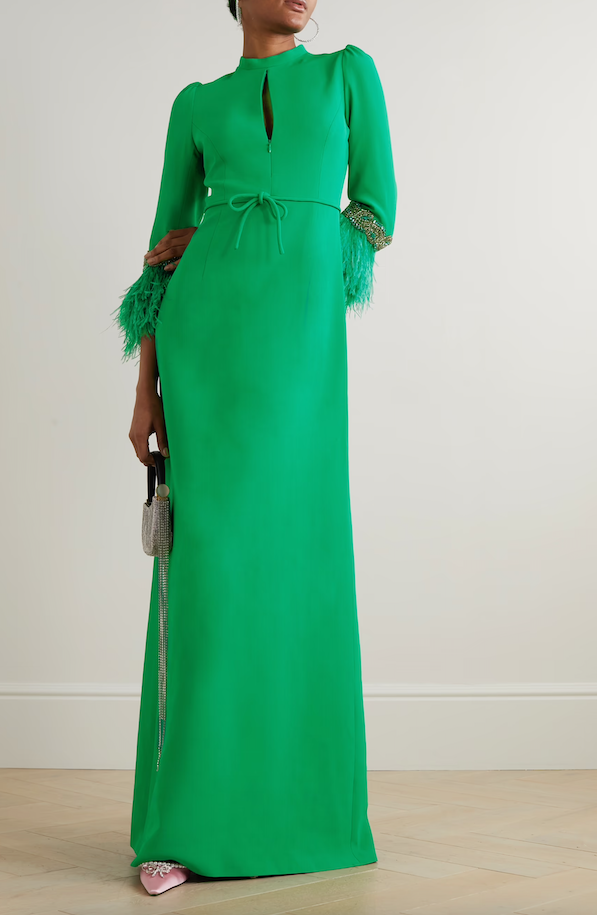 feather-trim slit-cuff gown – Tojen