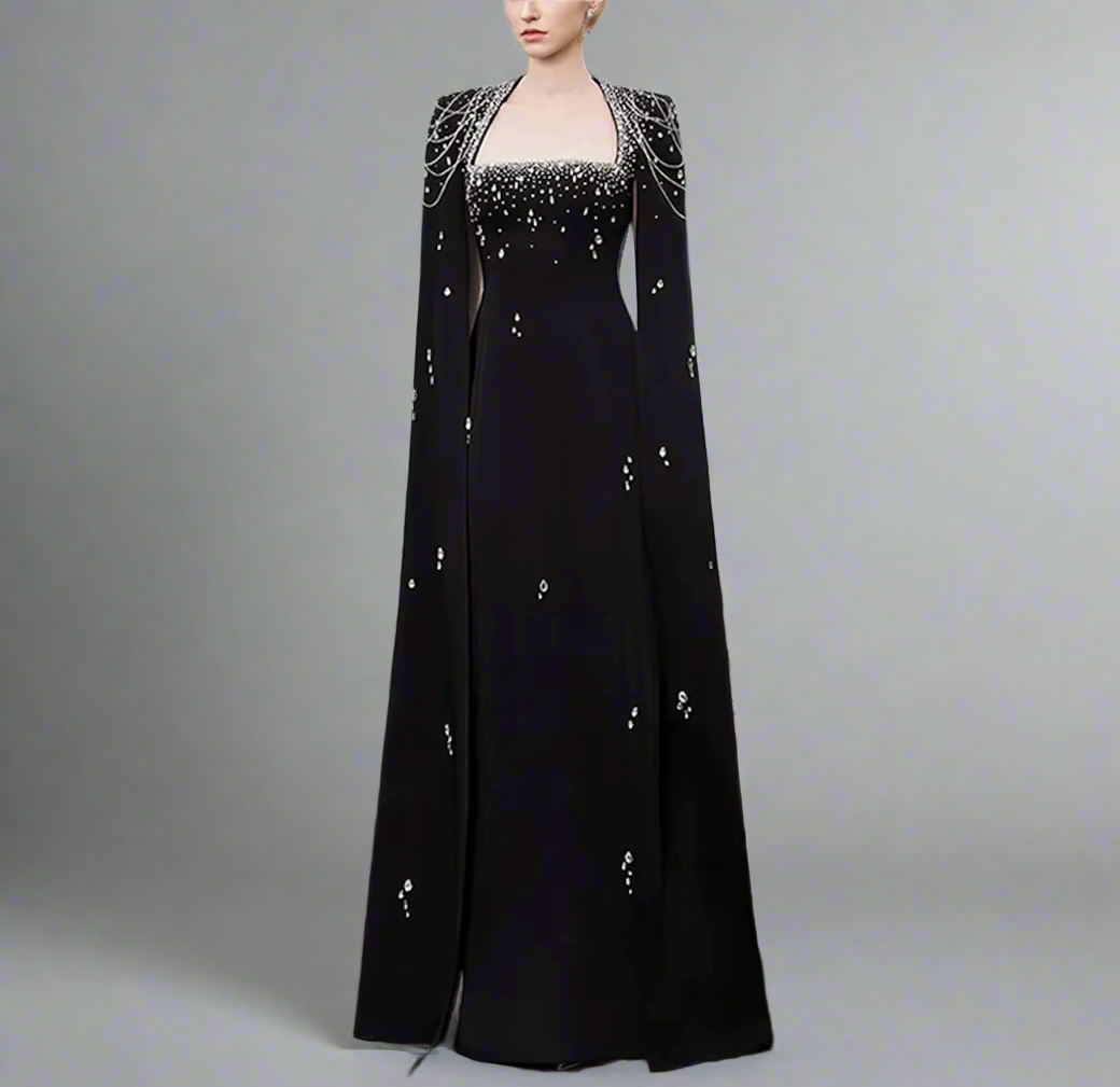 embellished column dress with shoulder cape - Nomalh