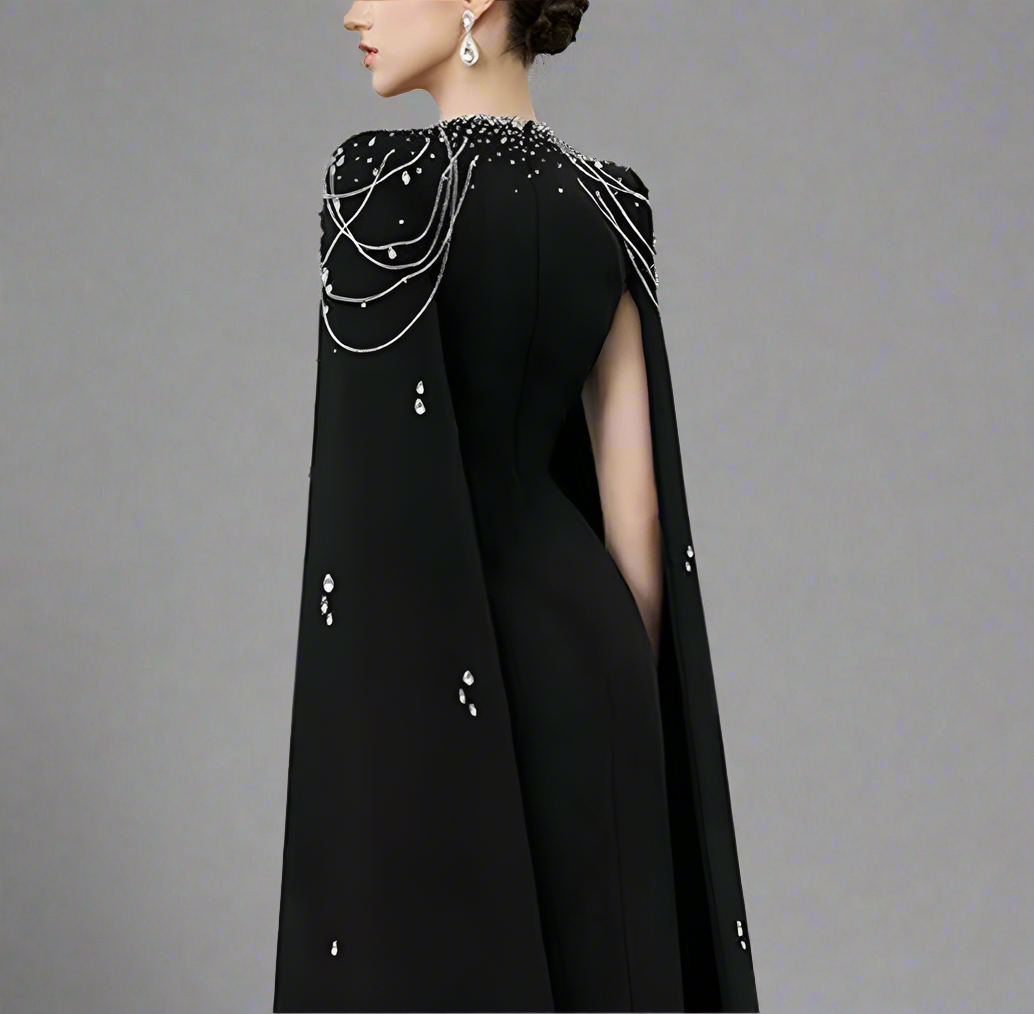 embellished column dress with shoulder cape - Nomalh