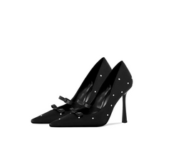 Pearl-Embellished Double Bow Satin Pumps – LILIAN