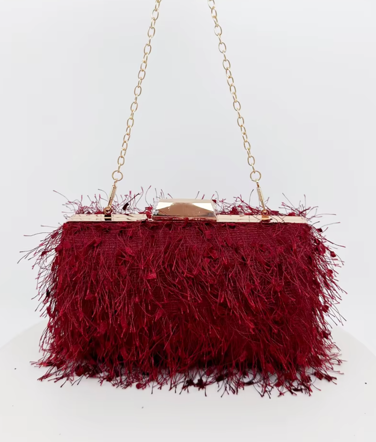 Feather-embellished box clutch with gold chain strap – SCOLE