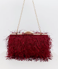 Feather-embellished box clutch with gold chain strap – SCOLE