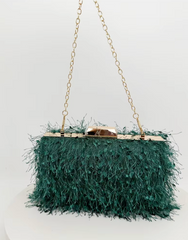 Feather-embellished box clutch with gold chain strap – SCOLE