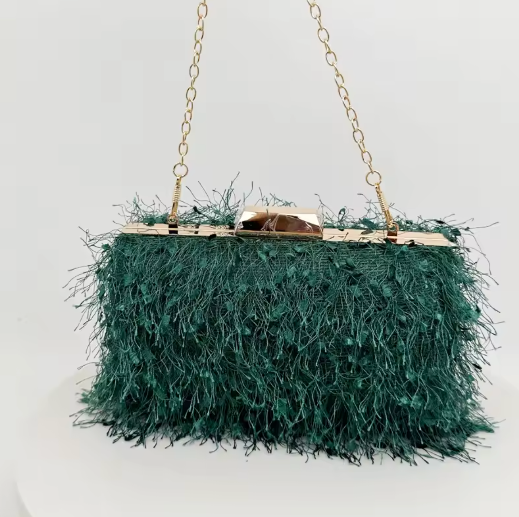 Feather-embellished box clutch with gold chain strap – SCOLE