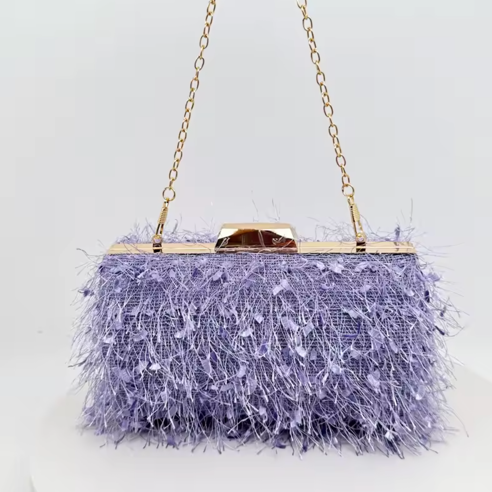 Feather-embellished box clutch with gold chain strap – SCOLE