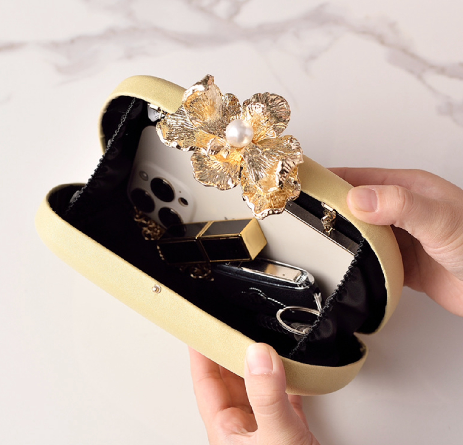 Velvet Box Clutch with Gold Orchid Clasp – LUNIE