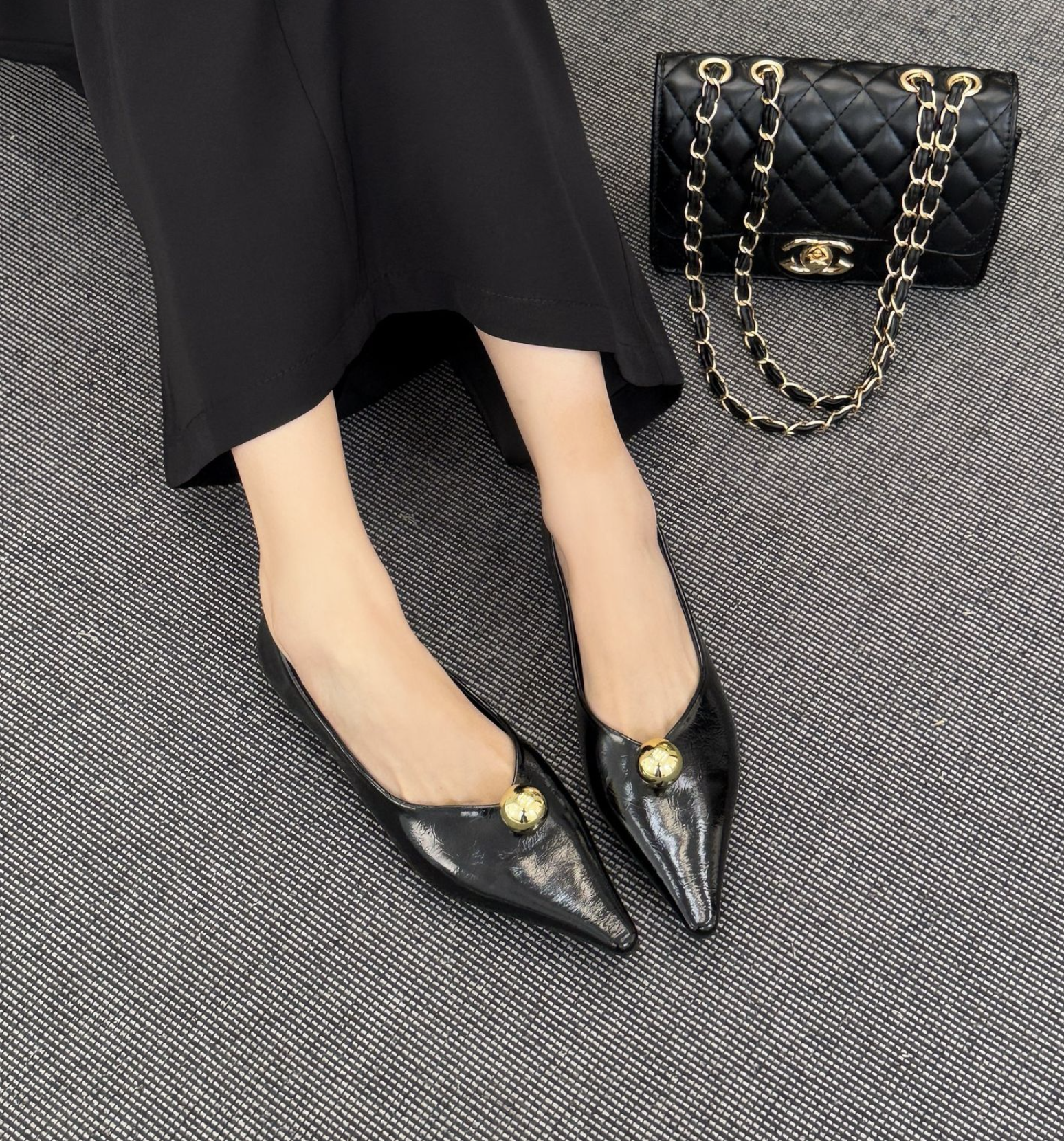 pointed black flats with gold dome detail - VEIRA