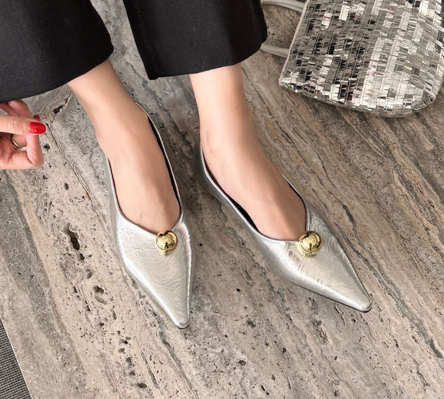 pointed black flats with gold dome detail - VEIRA