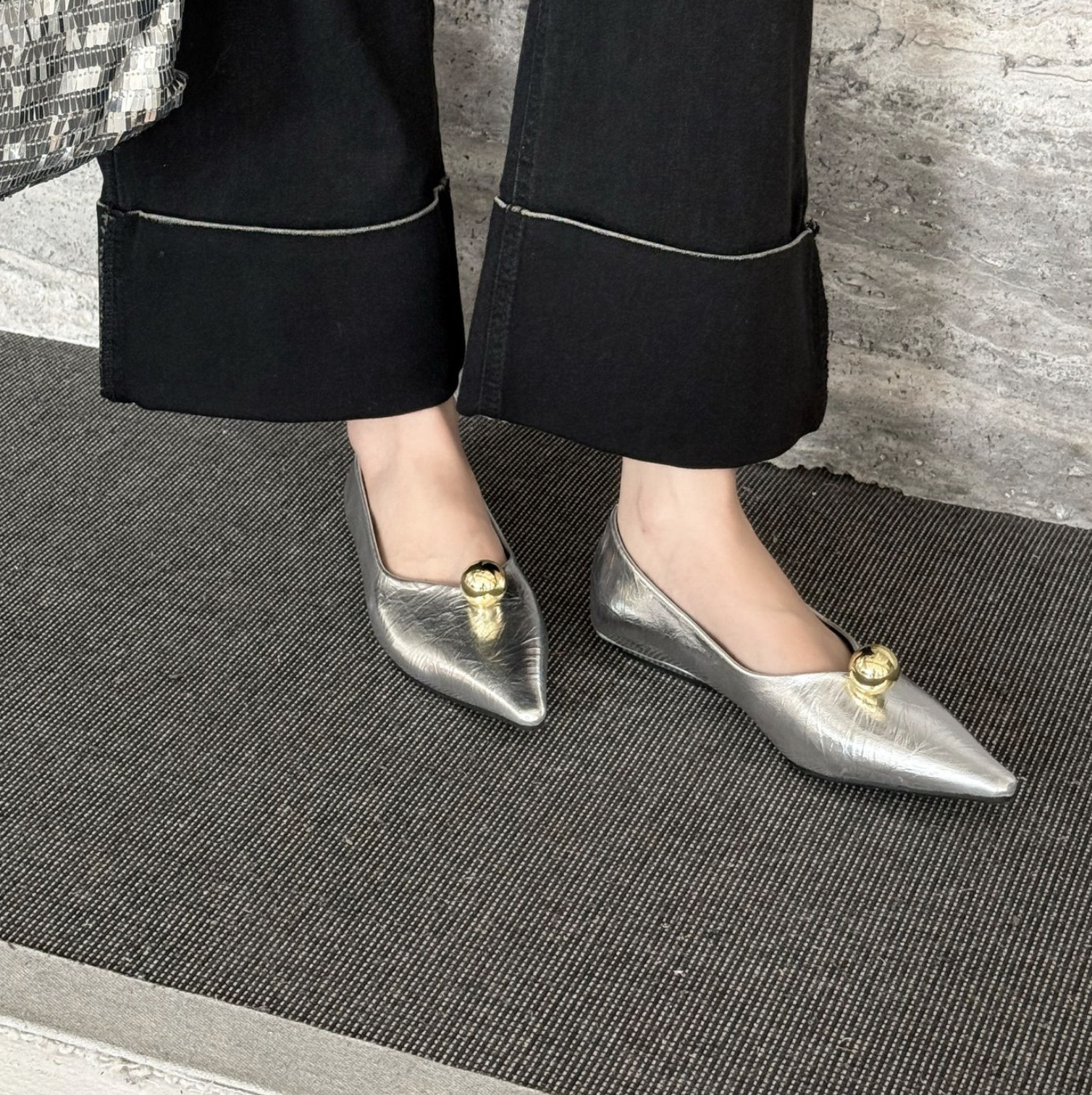 pointed black flats with gold dome detail - VEIRA