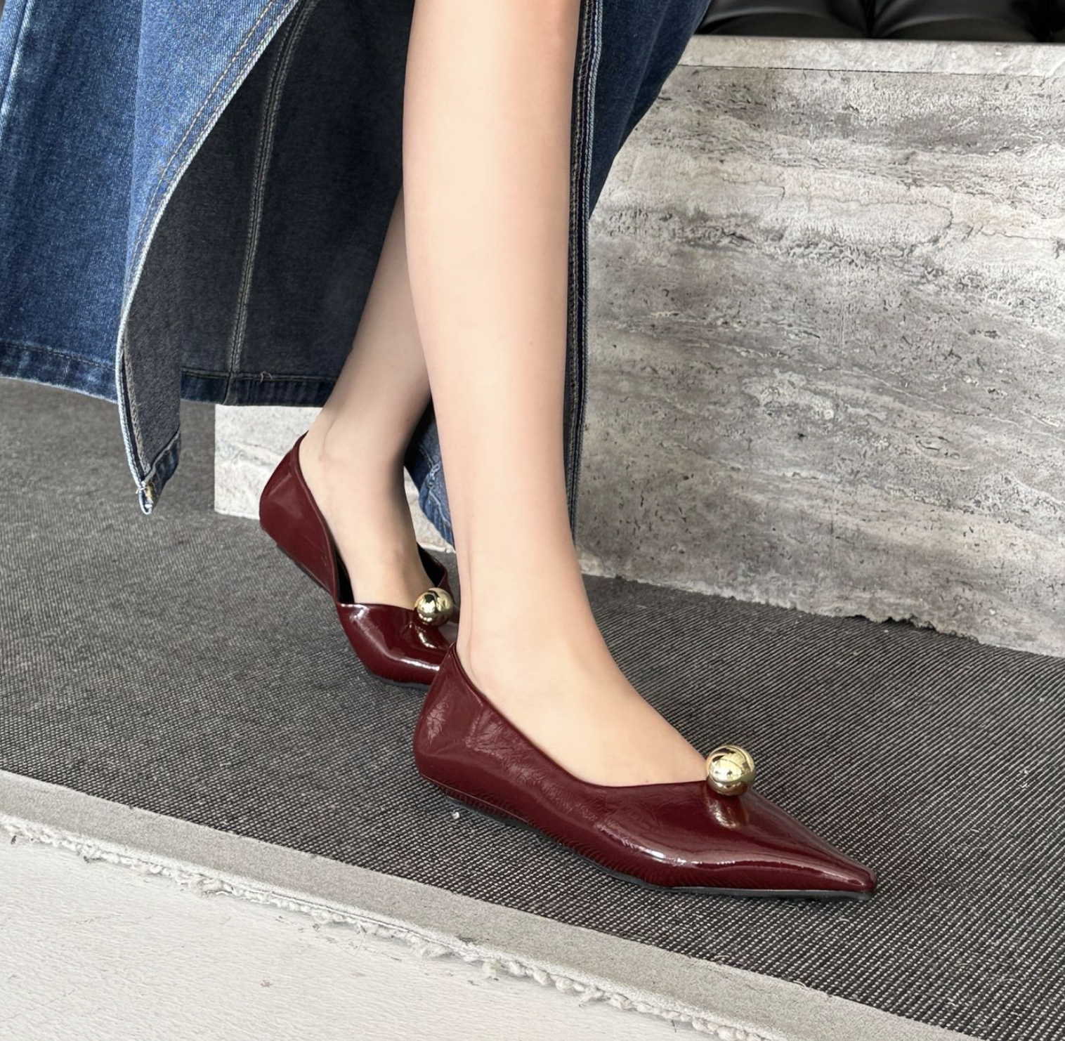 pointed black flats with gold dome detail - VEIRA