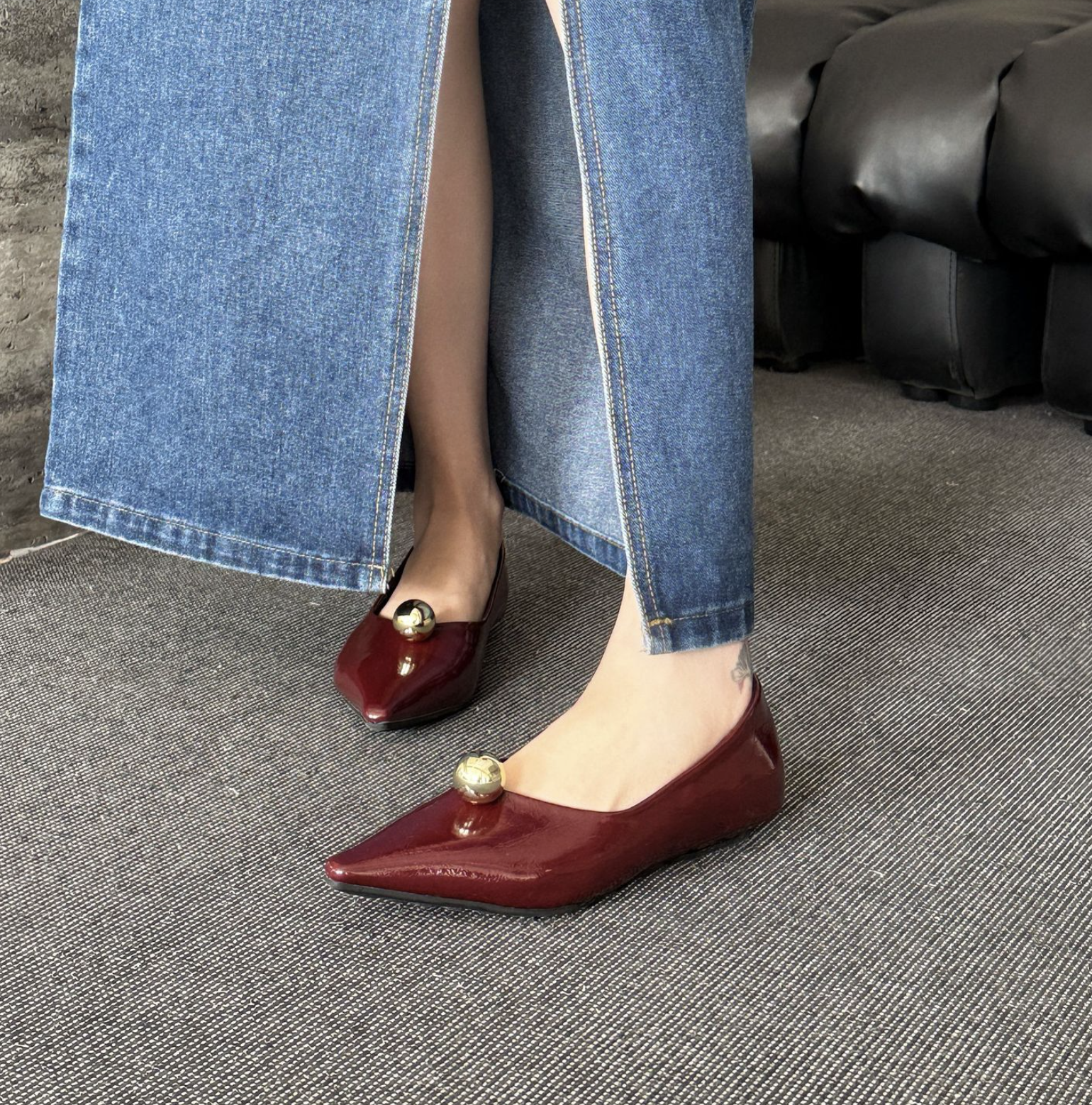 pointed black flats with gold dome detail - VEIRA