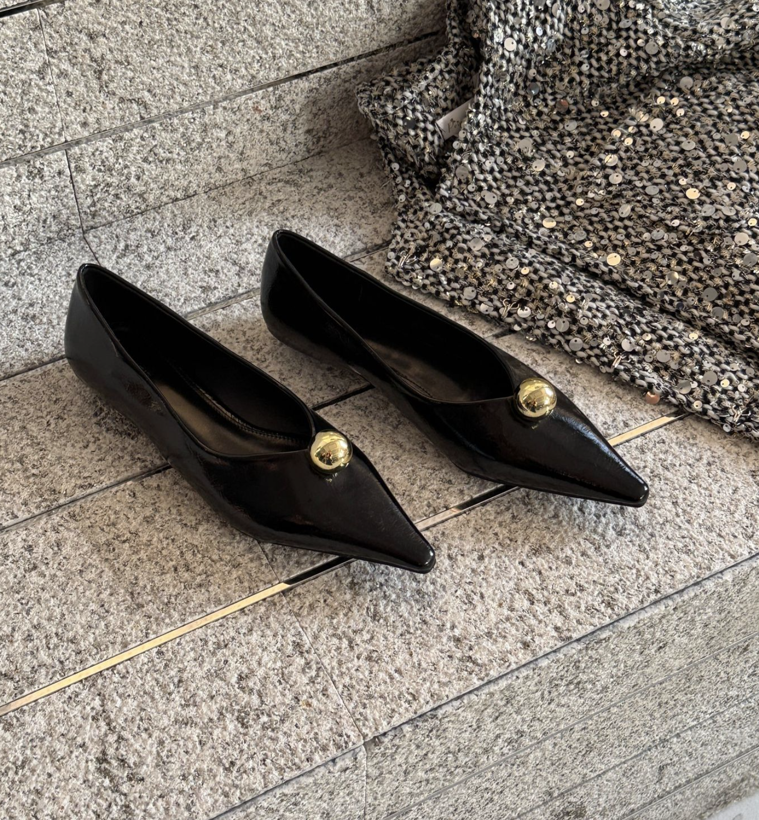 pointed black flats with gold dome detail - VEIRA