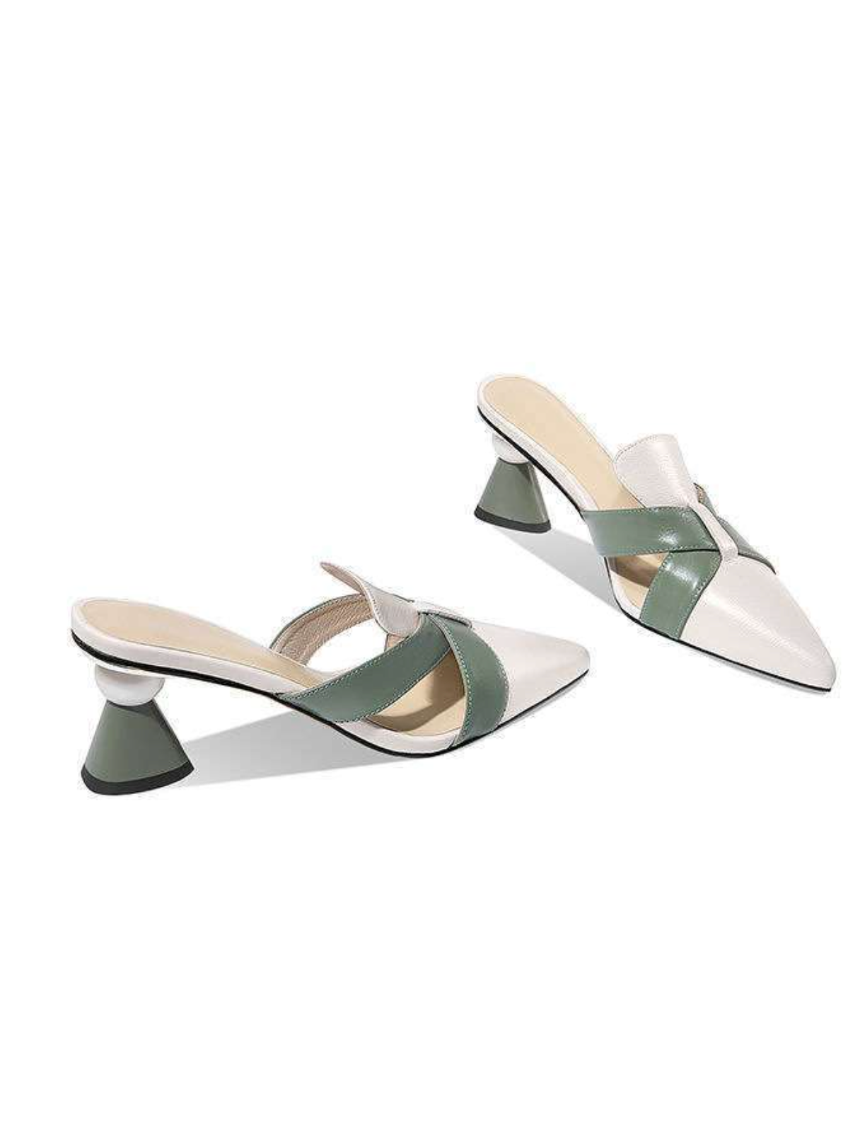 pointed leather mules with green cross straps and flared heels – VERONA