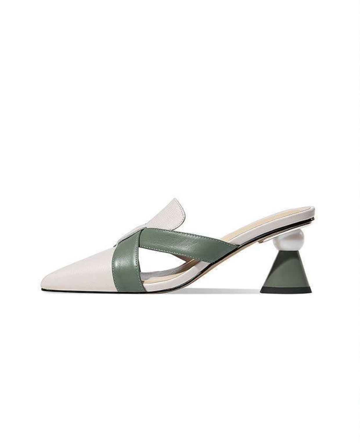 pointed leather mules with green cross straps and flared heels – VERONA