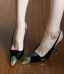 black patent slingback heels with emerald toe embellishment – ZARIA