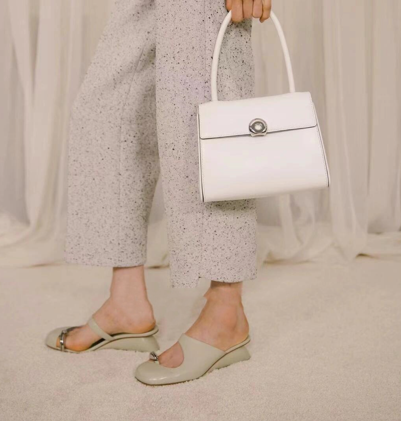 sage leather slides with silver oval accents – LYIERA