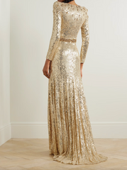 off-shoulder column dress with metallic gold feathers – AURIRA
