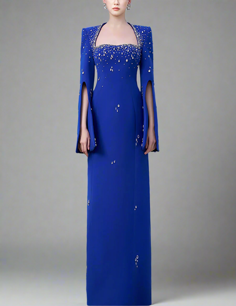 square-neck column dress with slit sleeves and crystal beading – AZALEA