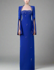 square-neck column dress with slit sleeves and crystal beading – AZALEA