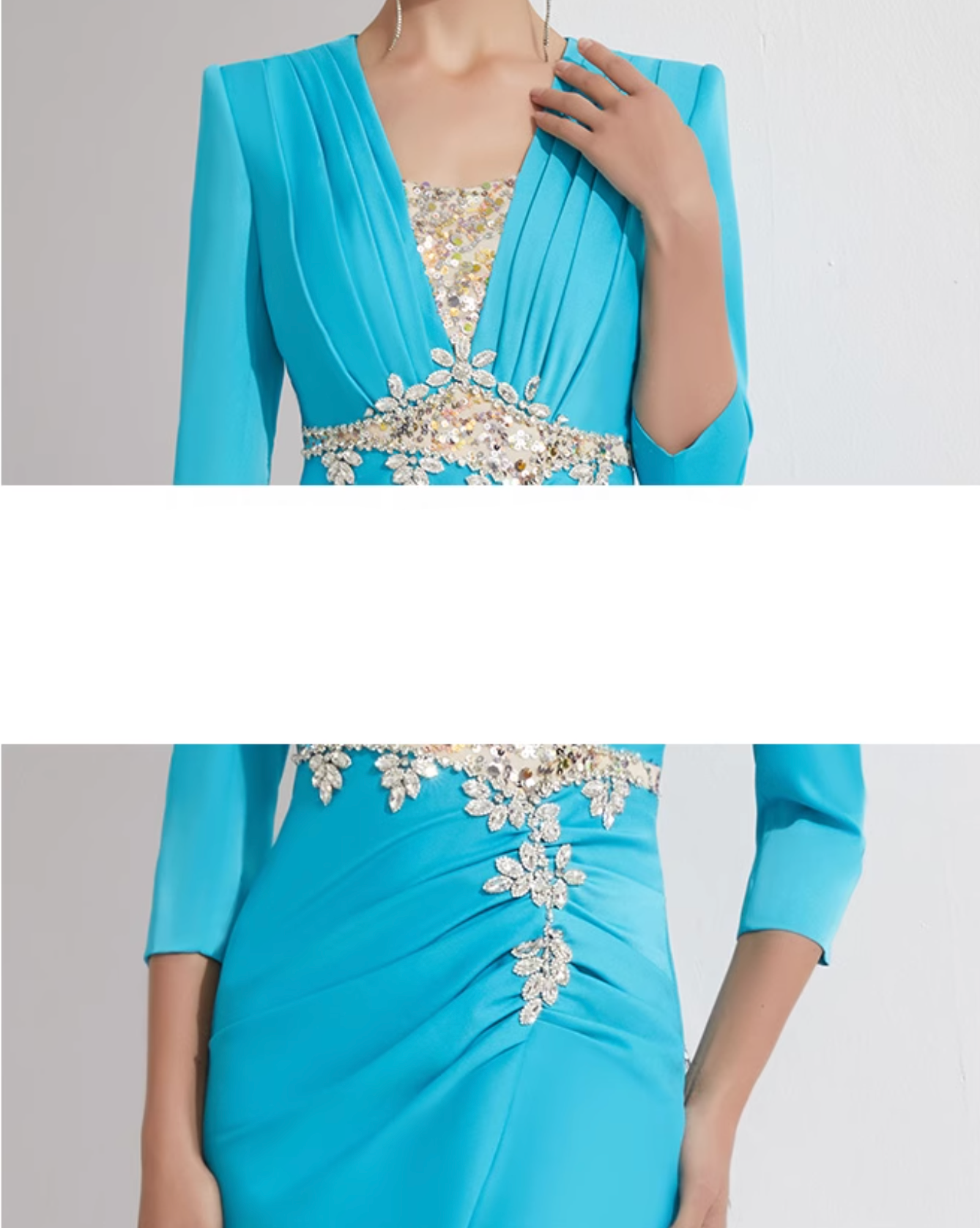 ruched V-neck gown with gold lace embroidery – AZURE GRACE