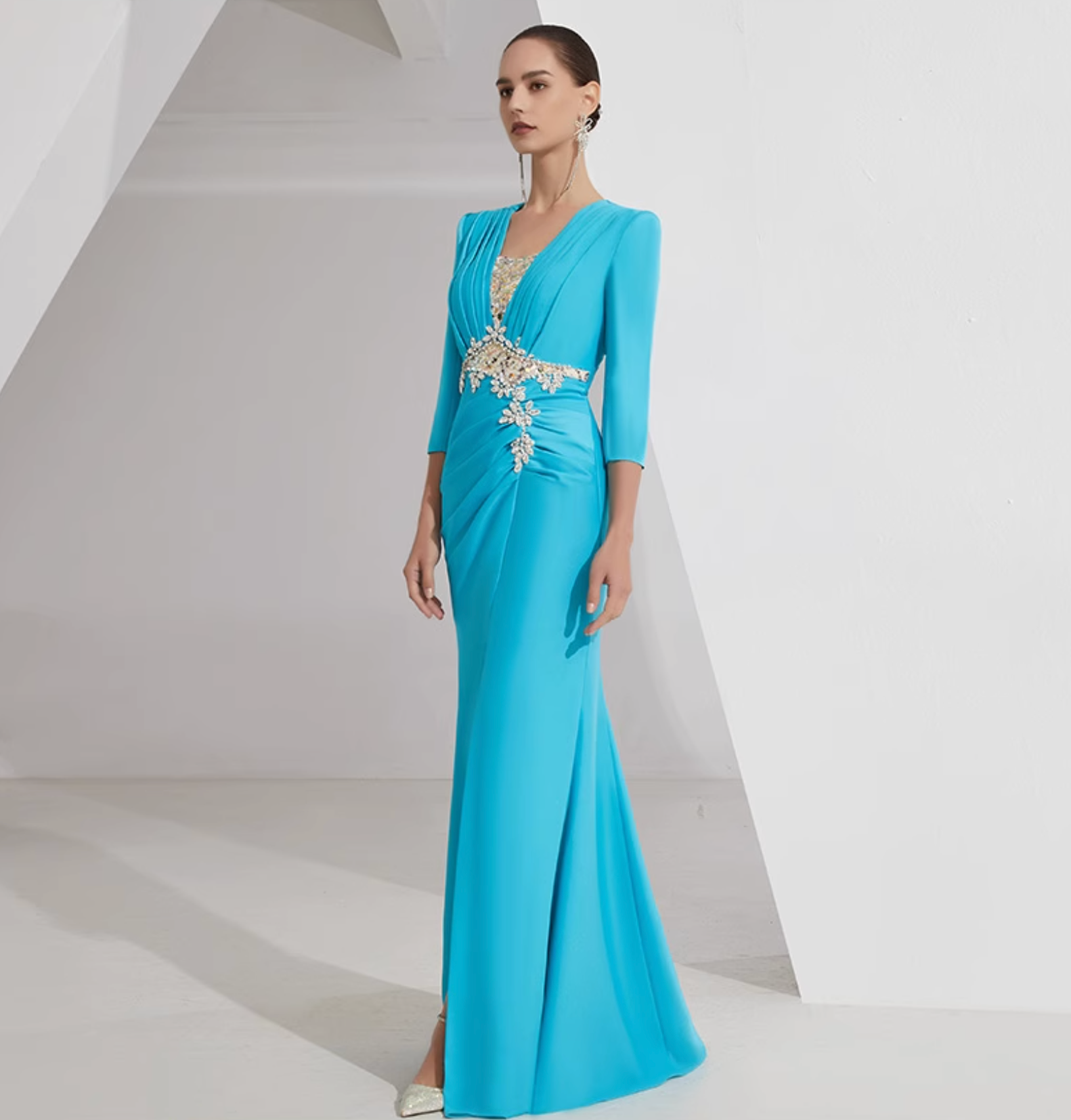 ruched V-neck gown with gold lace embroidery – AZURE GRACE