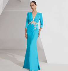 ruched V-neck gown with gold lace embroidery – AZURE GRACE